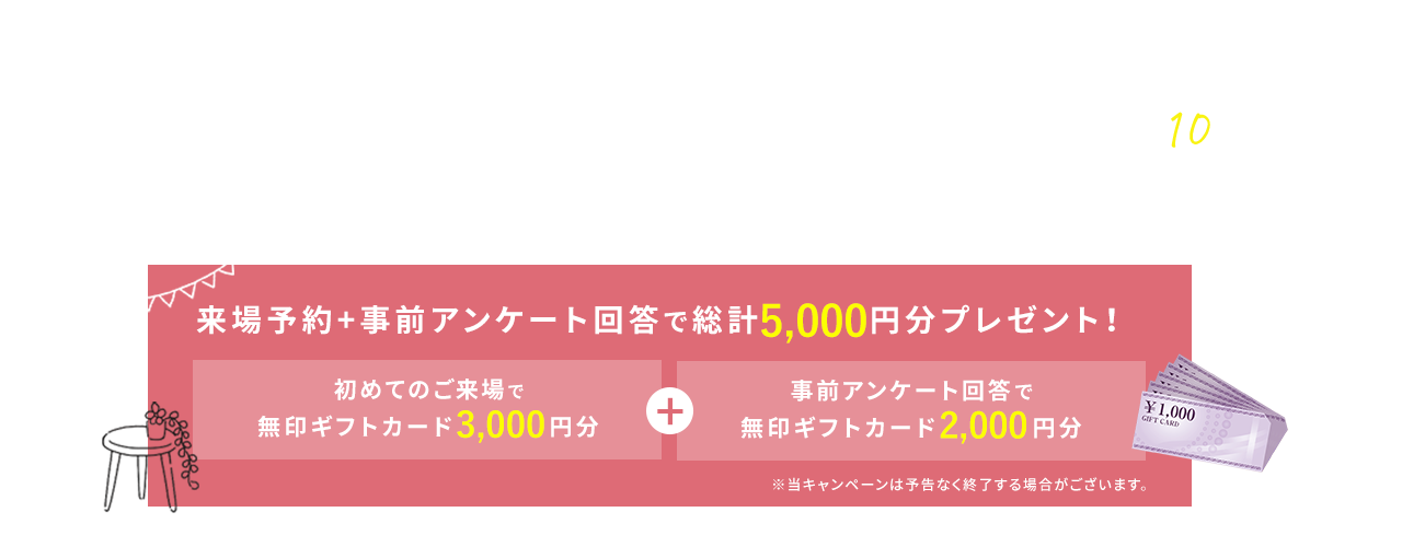 来場予約キャンペーン 来場予約＋事前アンケート回答で総計10,000円分プレゼント！